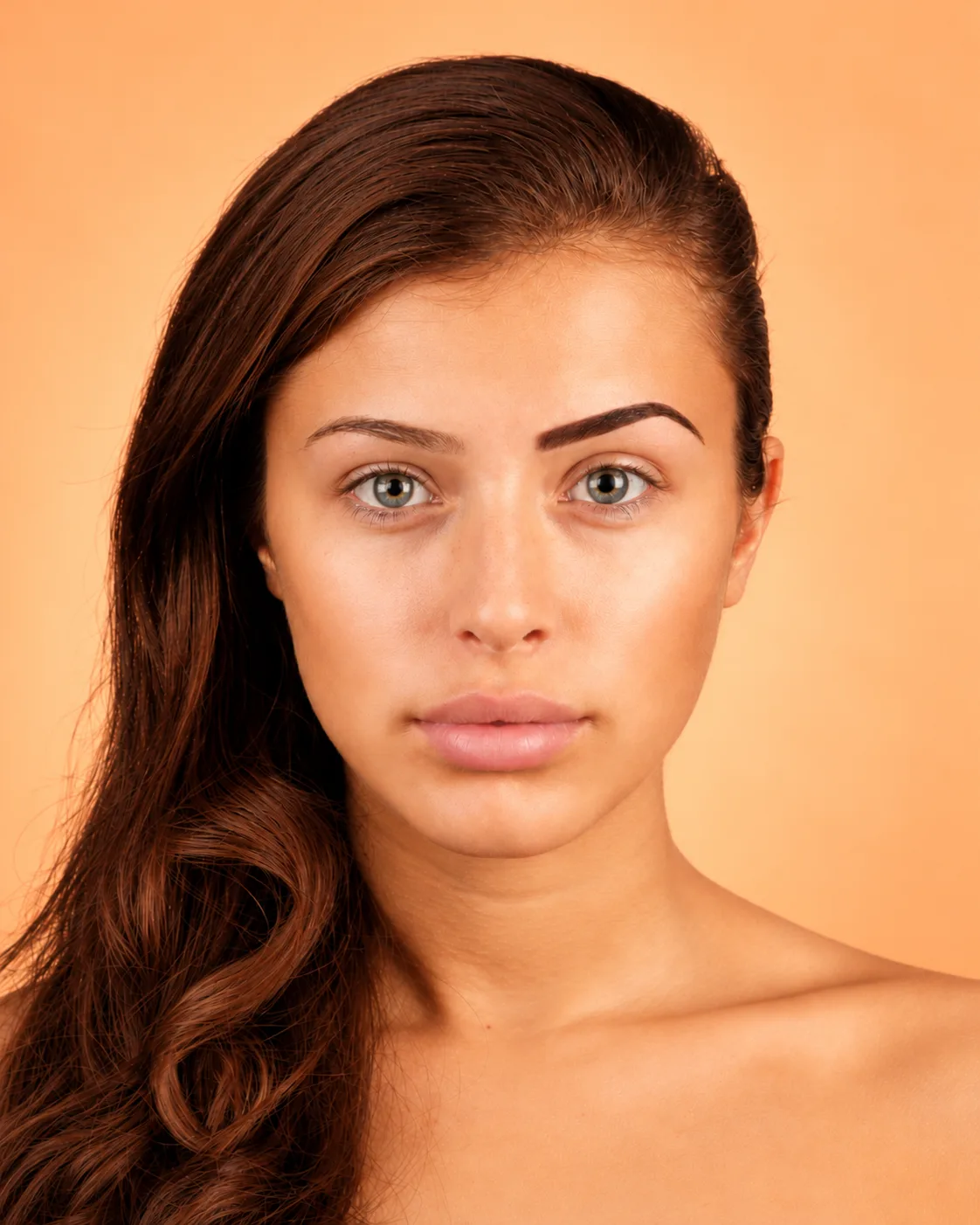Benito studio model: one brow natural, the other shaped and tinted